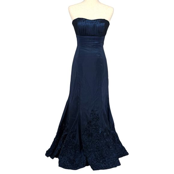 Vintage 90s y2k Women's Blue Iridescent Floral Strapless Maxi Prom Dress Sz 3/4 - Picture 1 of 12